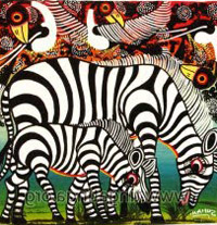 Tingatinga-style painting of zebras
