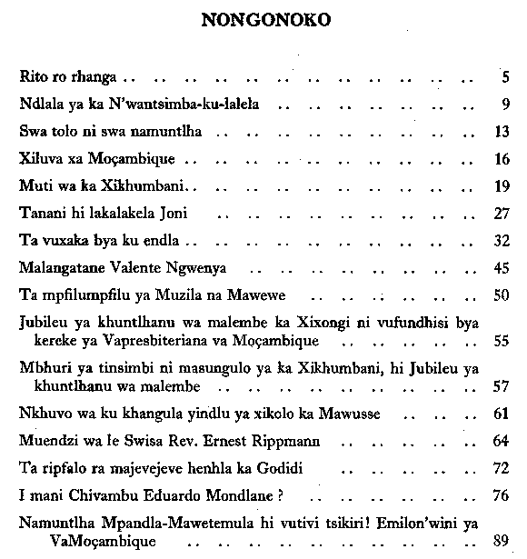 Contents page, Muambi wa Vubumabumeri